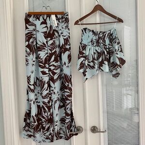 NWT 2 Piece Wide Leg Pants Set Chocolate Brown Floral Sz M